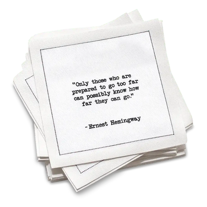 Five Star Napkins White Cotton Cocktail Napkins, stack of white square cocktail napkins with white background, 100% Organic Cotton, 4.5" x 4.5", Single Use, 50 Units Per Pack with 25 Ernest Hemingway Quotes
