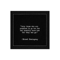 Five Star Napkins Black Cotton Cocktail Napkins, singular black square cocktail napkins close up, 100% Organic Cotton, 4.5" x 4.5", Single Use, 50 Units Per Pack with 25 Ernest Hemingway Quotes