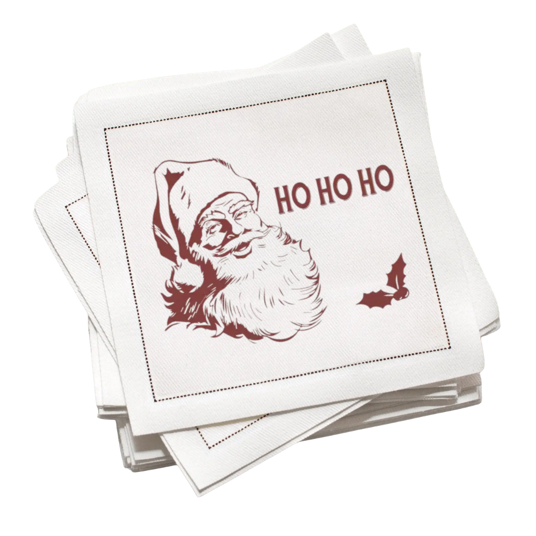 Luxury organic cotton cocktail napkins with Santa Claus and 'Ho Ho Ho' holiday print