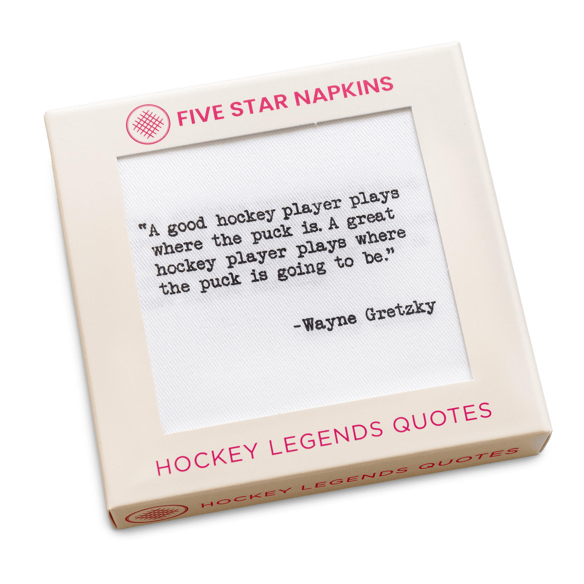 Five Star Napkins luxury cocktail napkin box featuring a Wayne Gretzky hockey quote.