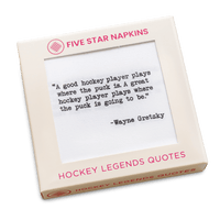 Five Star Napkins luxury cocktail napkin box featuring a Wayne Gretzky hockey quote.