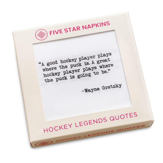 Five Star Napkins luxury cocktail napkin box featuring a Wayne Gretzky hockey quote.