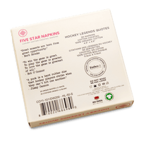 Back of Five Star Napkins luxury cotton cocktail napkins box featuring hockey quotes