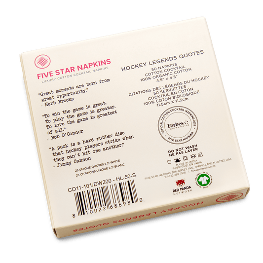 Back of Five Star Napkins luxury cotton cocktail napkins box featuring hockey quotes