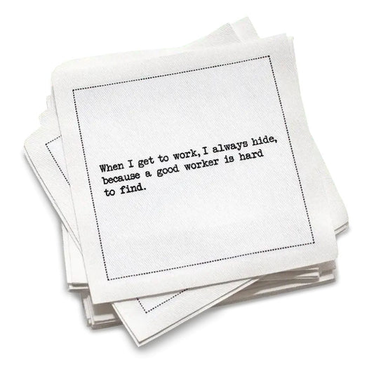 Organic cotton cocktail napkin, white, with black dotted border printed with the quote "'Screw it'…my last thought before making most decisions," from Five Star Napkins' Inappropriate Thoughts quote collection