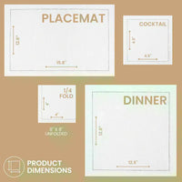 Product dimensions chart for Five Star Napkins placemat, cocktail, dinner napkin, and folded sizes.