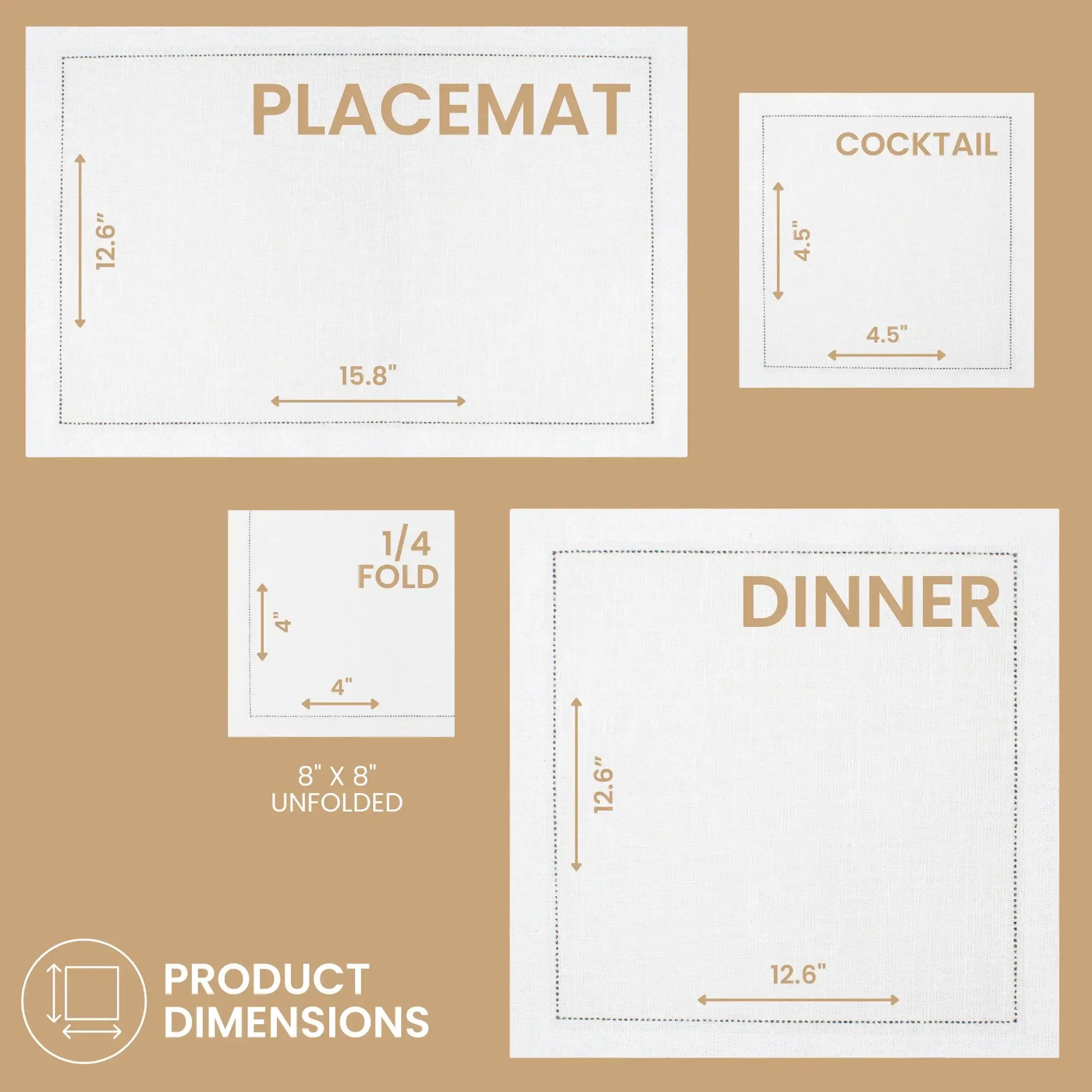 Five Star Napkins product dimensions chart for placemats, dinner, cocktail, and folded napkins.