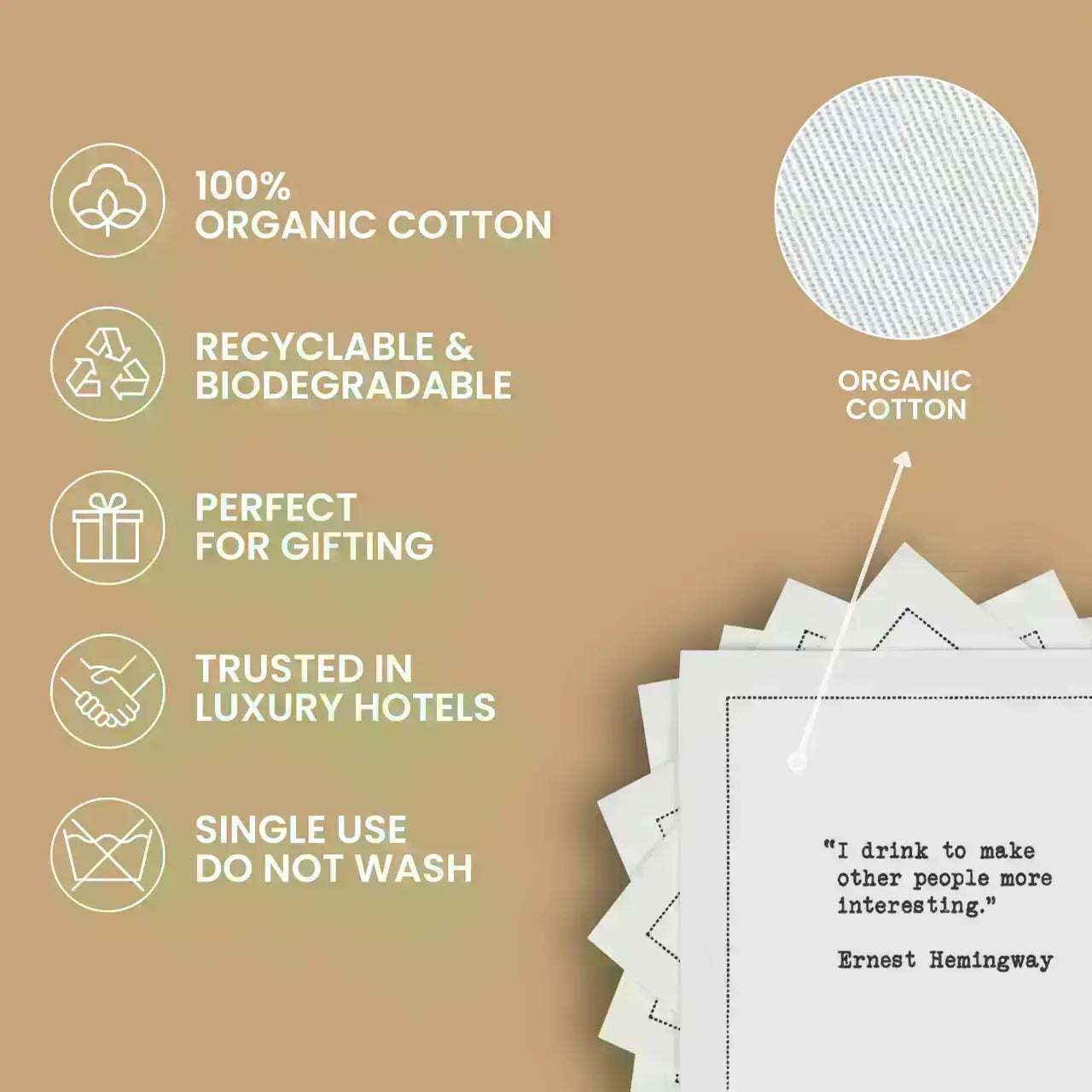 Stack of luxury organic cotton cocktail napkins with product features on a tan background.
