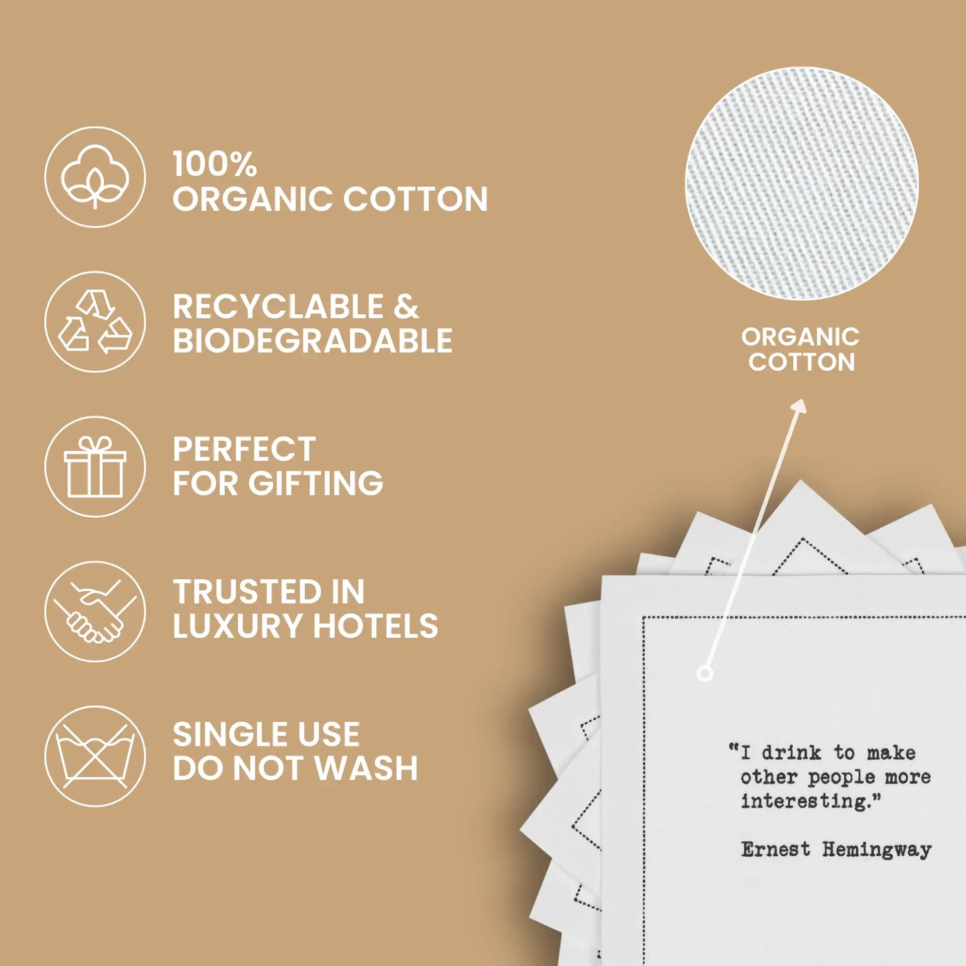 Luxury organic cotton cocktail napkins with eco-friendly, single-use features and gifting icons.
