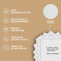 Luxury organic cotton cocktail napkins with eco-friendly, single-use features and gifting icons.