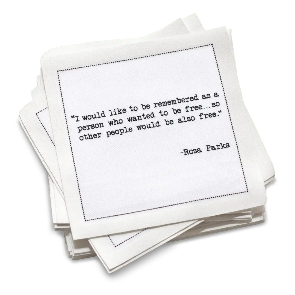 Stack of Juneteenth Quote cotton cocktail Napkins with a quote by Rosa Parks on a white background