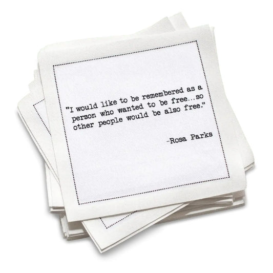 Stack of Juneteenth Quote cotton cocktail Napkins with a quote by Rosa Parks on a white background