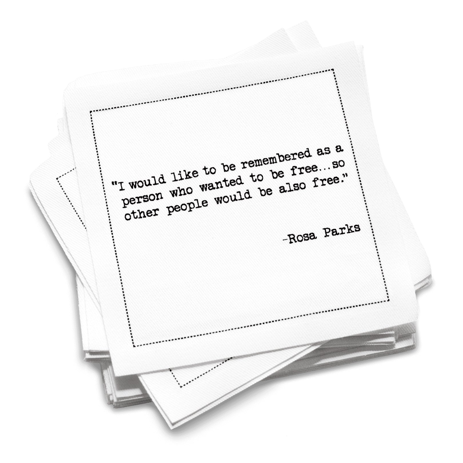 Stack of organic cotton cocktail napkins printed with Martin Luther King, Jr.’s “The fact that justice is indivisible; injustice anywhere is a threat to justice everywhere,” from Five Star Napkins’ Juneteenth quote collection.