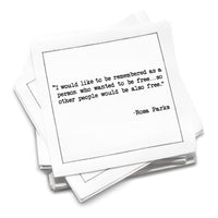 Stack of organic cotton cocktail napkins printed with Martin Luther King, Jr.’s “The fact that justice is indivisible; injustice anywhere is a threat to justice everywhere,” from Five Star Napkins’ Juneteenth quote collection.