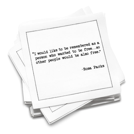 Stack of organic cotton cocktail napkins printed with Martin Luther King, Jr.’s “The fact that justice is indivisible; injustice anywhere is a threat to justice everywhere,” from Five Star Napkins’ Juneteenth quote collection.