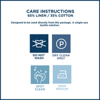Care instructions for organic cotton and linen napkins: do not wash, dry clean only, spot clean, iron medium.