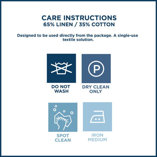 Care instructions for organic cotton and linen napkins: do not wash, dry clean only, spot clean, iron medium.