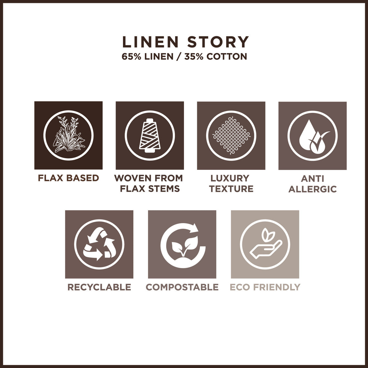 Linen story features flax-based, organic cotton napkins with luxury texture, recyclable, compostable, eco-friendly and anti-allergic properties.