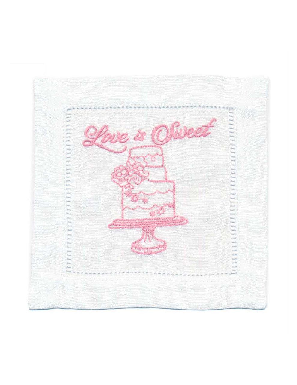 Embroidered Linen Cocktail with Hemstitch - "Love is Sweet" - 5.75" x 5.75" - 4 Units per Pack