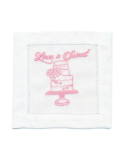 Embroidered Linen Cocktail with Hemstitch - "Love is Sweet" - 5.75" x 5.75" - 4 Units per Pack