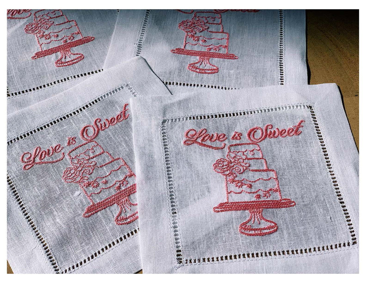 Embroidered Linen Cocktail with Hemstitch - "Love is Sweet" - 5.75" x 5.75" - 4 Units per Pack