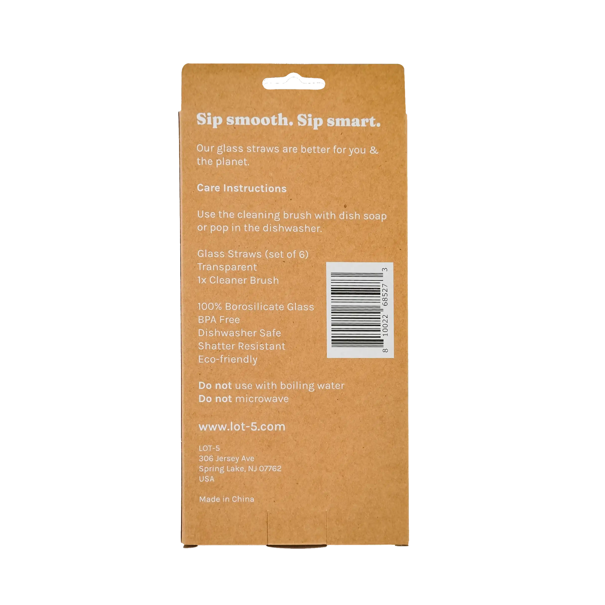 Back of a Lot-5 glass straw set package with care instructions, barcode, and product details printed on brown cardboard.