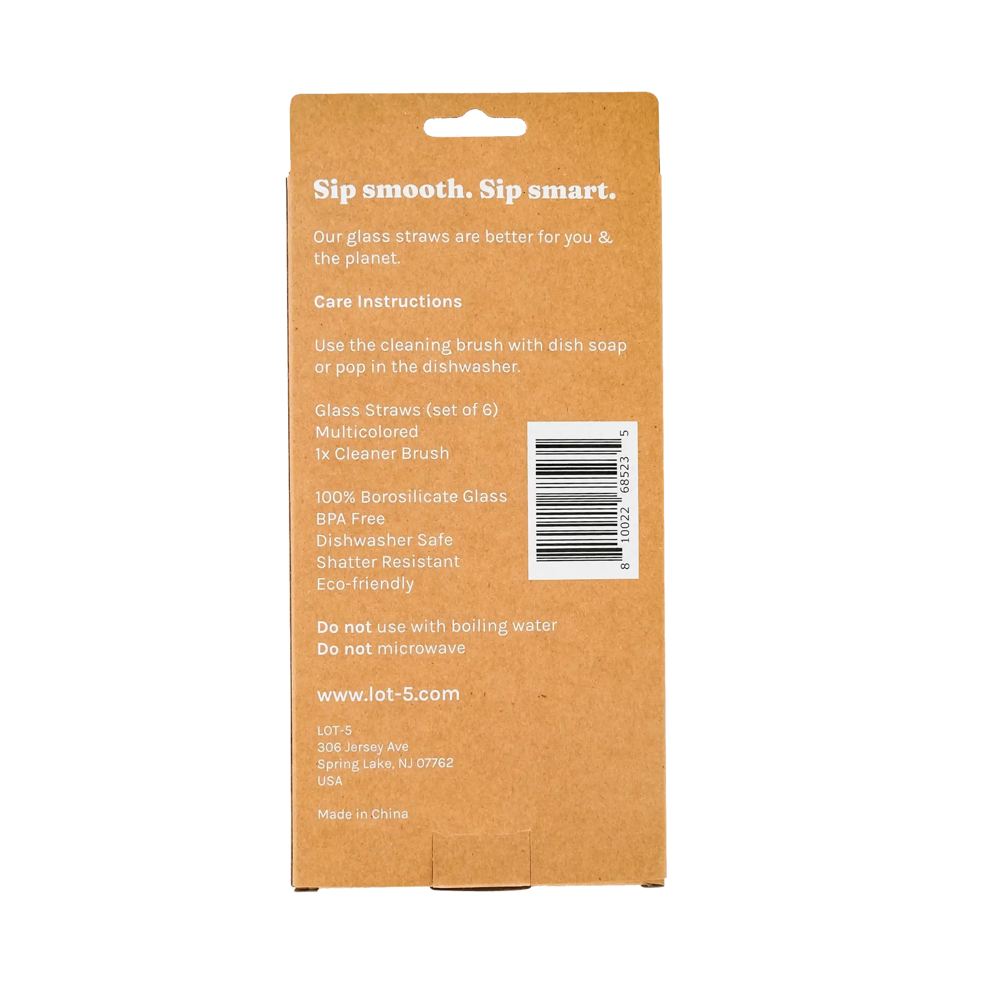 Back of multicolored glass straws packaging with care instructions and barcode.