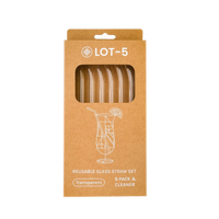 Set of six bent transparent glass straws in a cardboard box, reusable glass straw set.