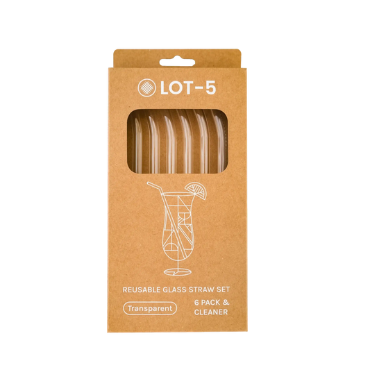 Set of six bent transparent glass straws in a cardboard box, reusable glass straw set.