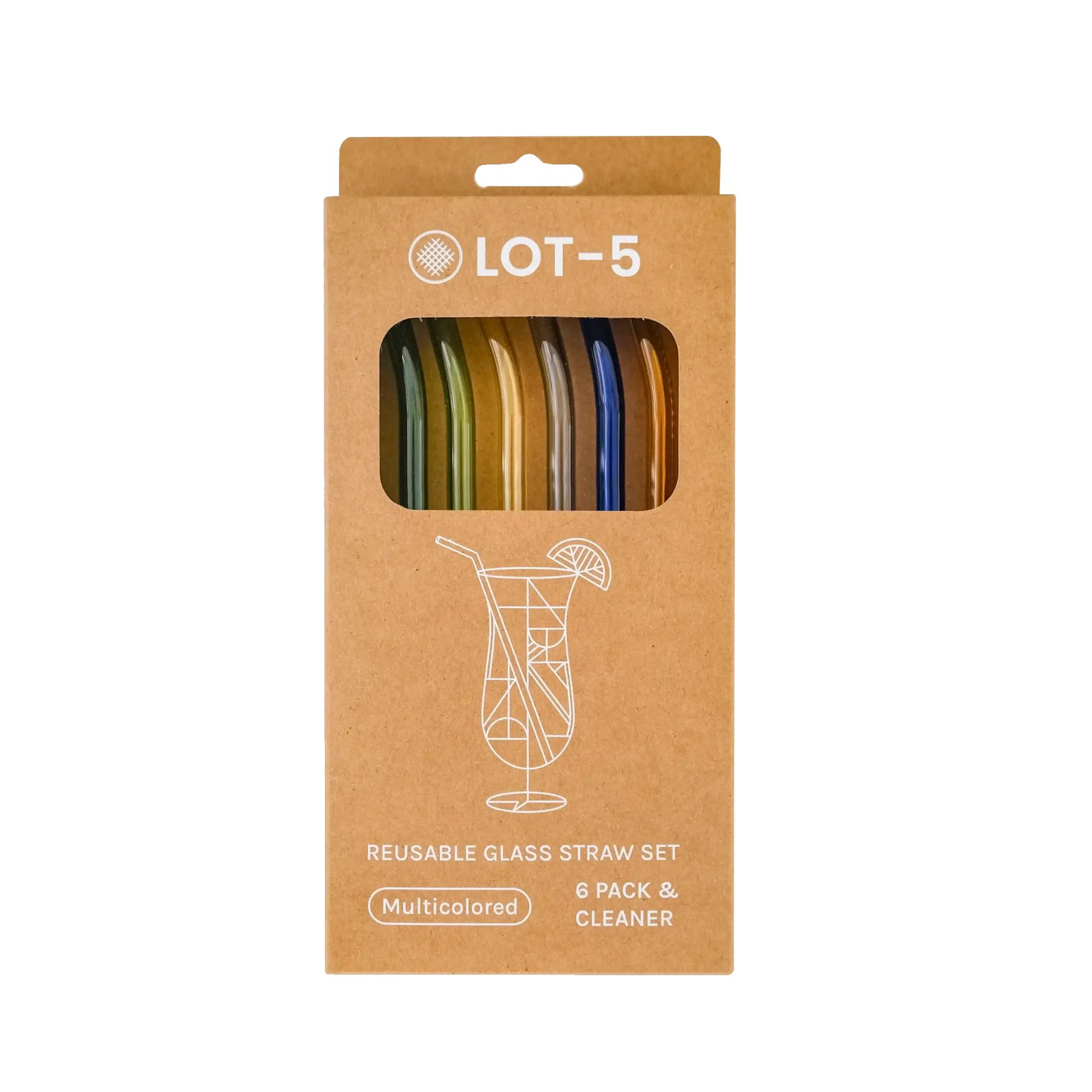 Pack of six multicolored bent reusable glass straws in cardboard packaging, front view