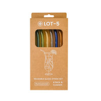 Pack of six multicolored bent reusable glass straws in cardboard packaging, front view