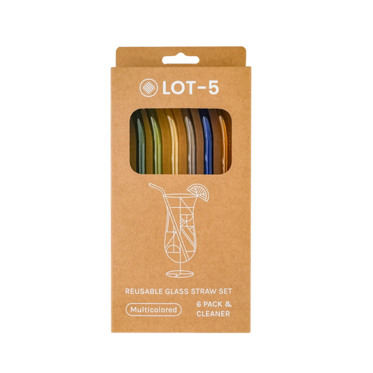 Pack of six multicolored bent reusable glass straws in cardboard packaging, front view