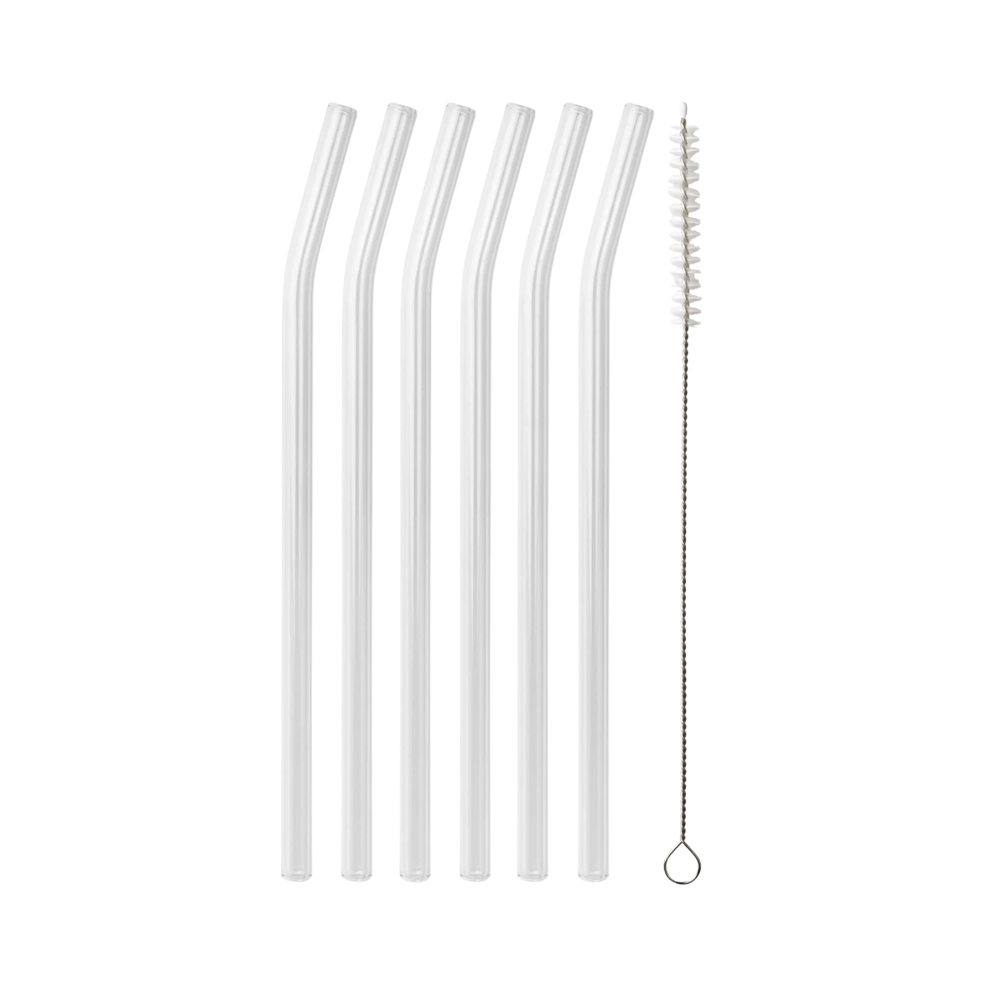 Six clear reusable straws with one cleaning brush on a black background