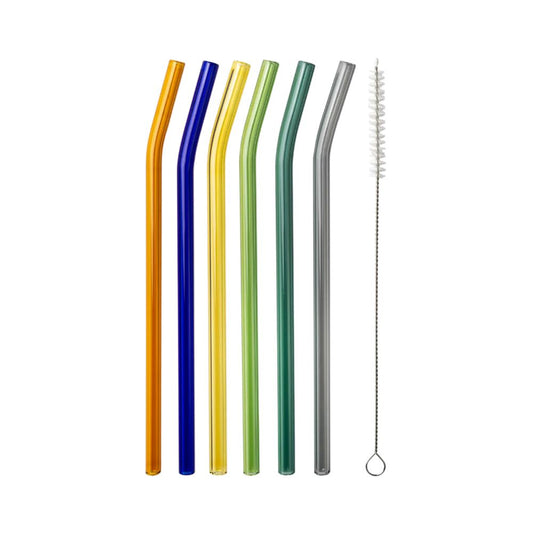Six multicolored straight reusable glass straws with a cleaning brush, by Five Star Napkins.