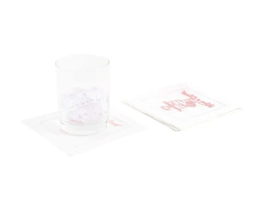 Organic cotton cocktail napkins with 'LOVE IS SWEET' quote in pink, glass with ice on top
