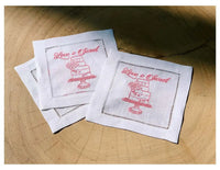 Organic cotton cocktail napkins with pink embroidered 'Love is Sweet' quote and cake design