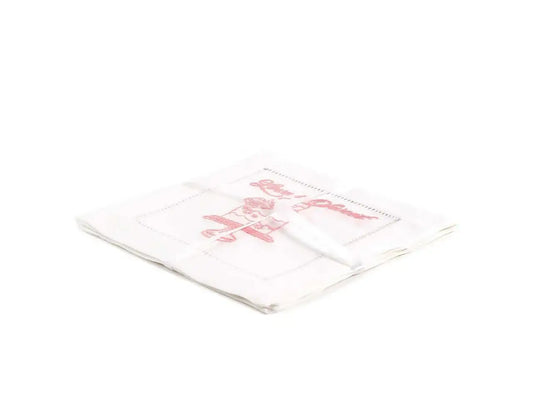 Pack of white organic cotton cocktail napkins with pink 'Love is Sweet' quote and cake graphic