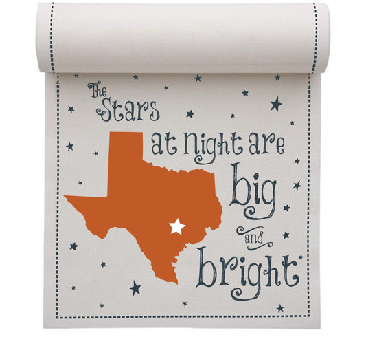 Organic cotton placemat with Texas shape in Toreador, printed quote 'The stars at night are big and bright'