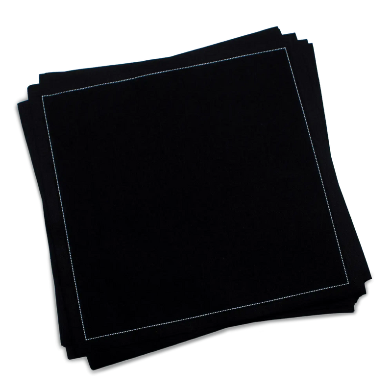 Stack of black organic cotton luncheon napkins, by Five Star Napkins.
