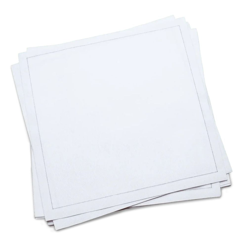 Stack of white organic cotton luncheon napkins with a stitched border, by Five Star Napkins.