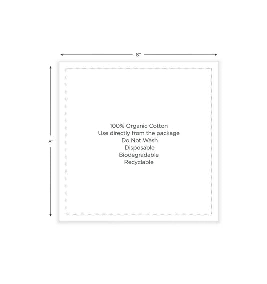 8-inch square organic cotton napkin with printed care instructions and dotted border