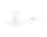 Organic cotton white cocktail napkin with 'Mr & Mrs' quote, glass with ice on napkin