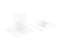 White organic cotton cocktail napkins with gold 'Mr & Mrs' script, glass on top, table setting