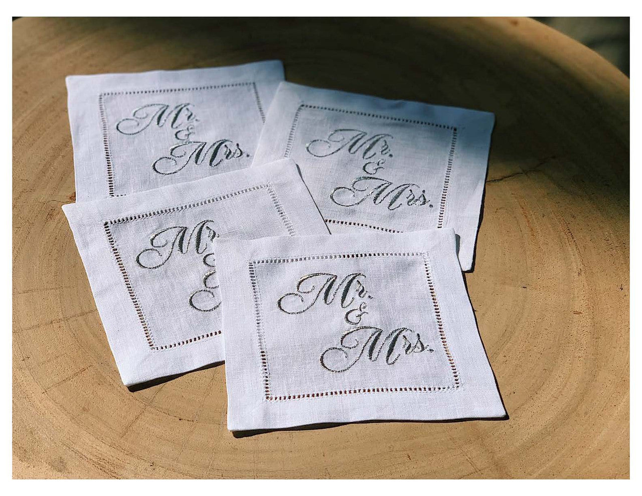 Embroidered Linen Cocktail with Hemstitch - "Mr. & Mrs." (Silver) - 5.75" x 5.75" - 4 Units per Pack