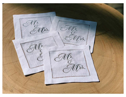 Embroidered Linen Cocktail with Hemstitch - "Mr. & Mrs." (Silver) - 5.75" x 5.75" - 4 Units per Pack