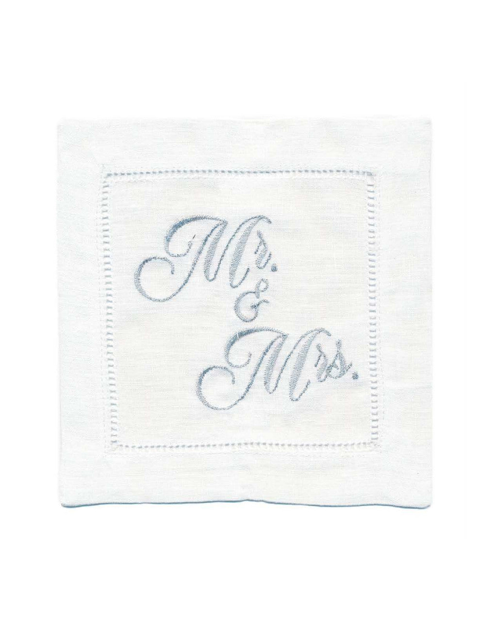 Embroidered Linen Cocktail with Hemstitch - "Mr. & Mrs." (Silver) - 5.75" x 5.75" - 4 Units per Pack