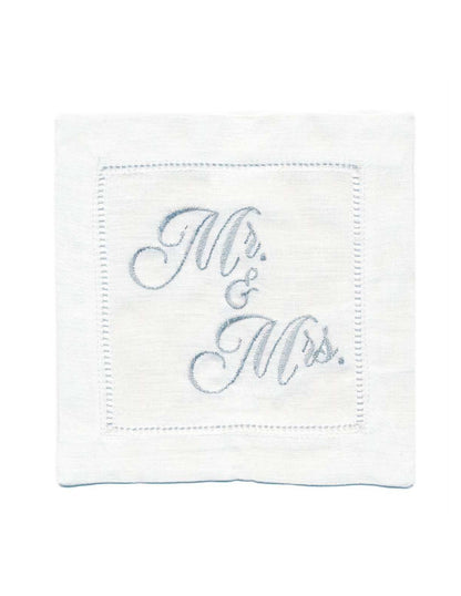 Embroidered Linen Cocktail with Hemstitch - "Mr. & Mrs." (Silver) - 5.75" x 5.75" - 4 Units per Pack