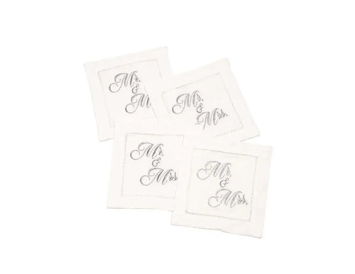 Set of four organic cotton napkins in Silver with stitched border, printed quote 'Mr. & Mrs.'