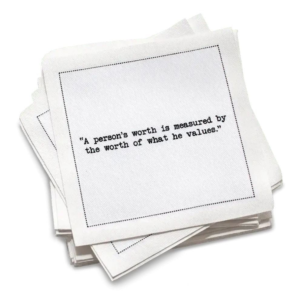 Organic cotton cocktail napkin, white, with black dotted border printed with the quote "The soul becomes dyed with the color of its thoughts," from Five Star Napkins' Marcus Aurelius quote collection