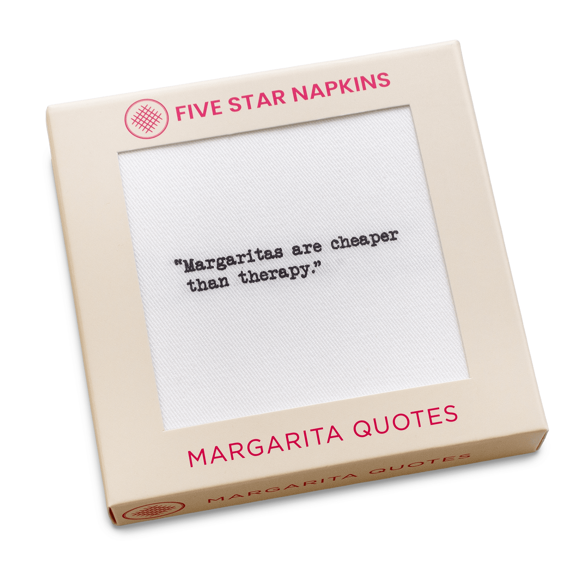 Gift box from Five Star Napkins' Margarita quote collection, showing an organic cotton cocktail napkin printed with the quote "Margaritas are cheaper than therapy"